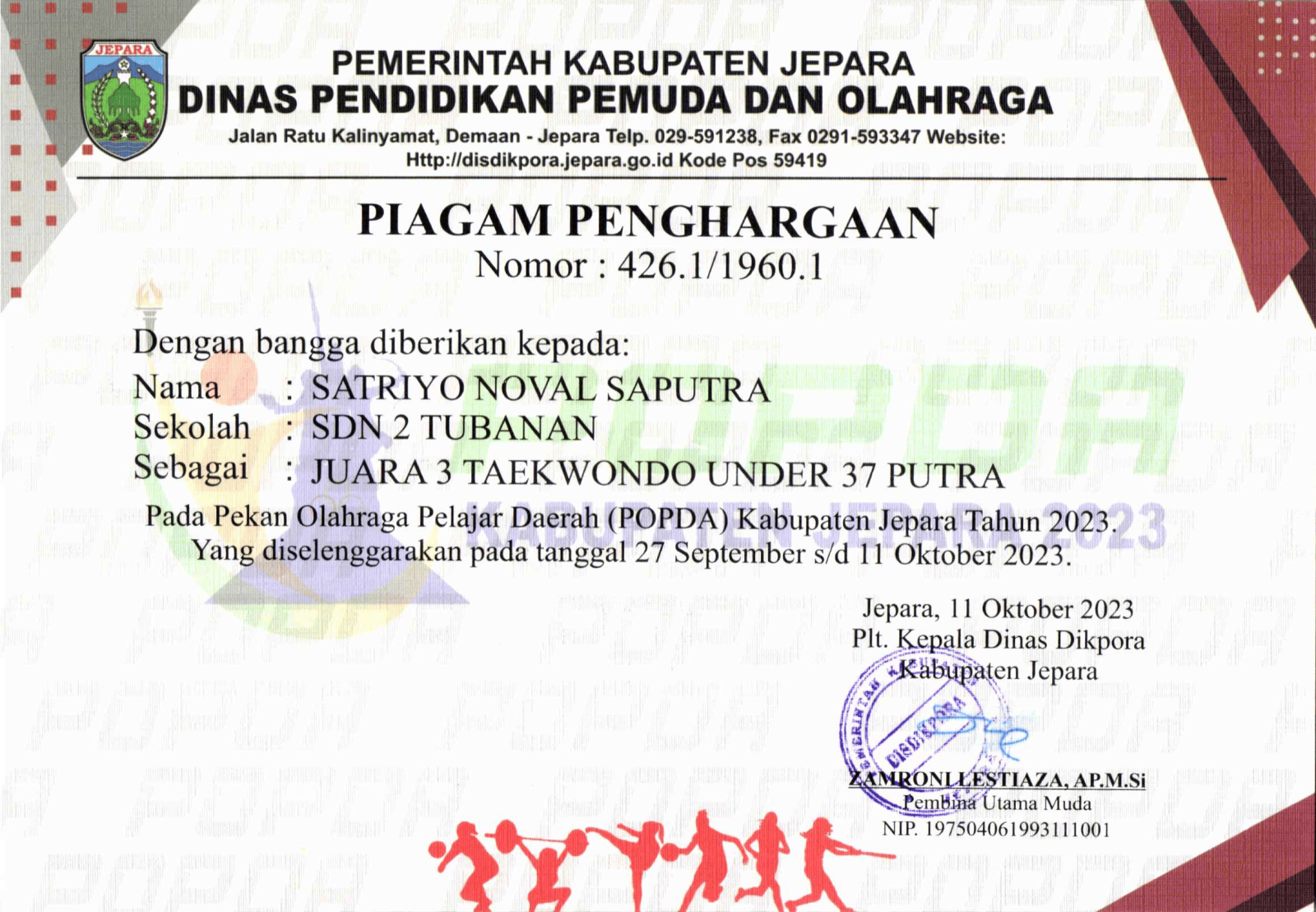 TAEKWONDO SATRIYO NOVAL SAPUTRA TAHUN 2023 SDN 2 TUBANAN 1