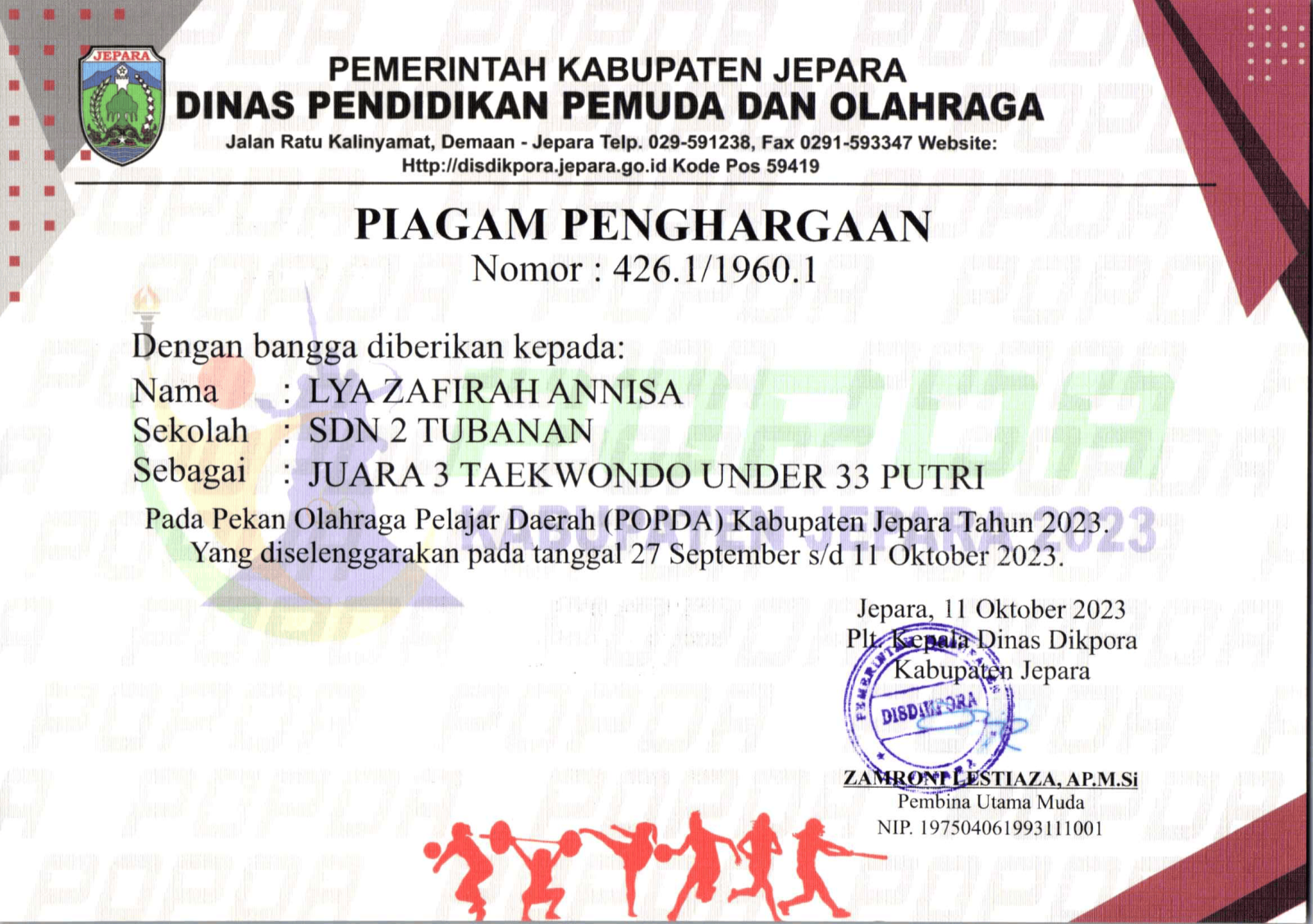 TAEKWONDO LYA ZAFIRAH ANNISA TAHUN 2023 SDN 2 TUBANAN 1
