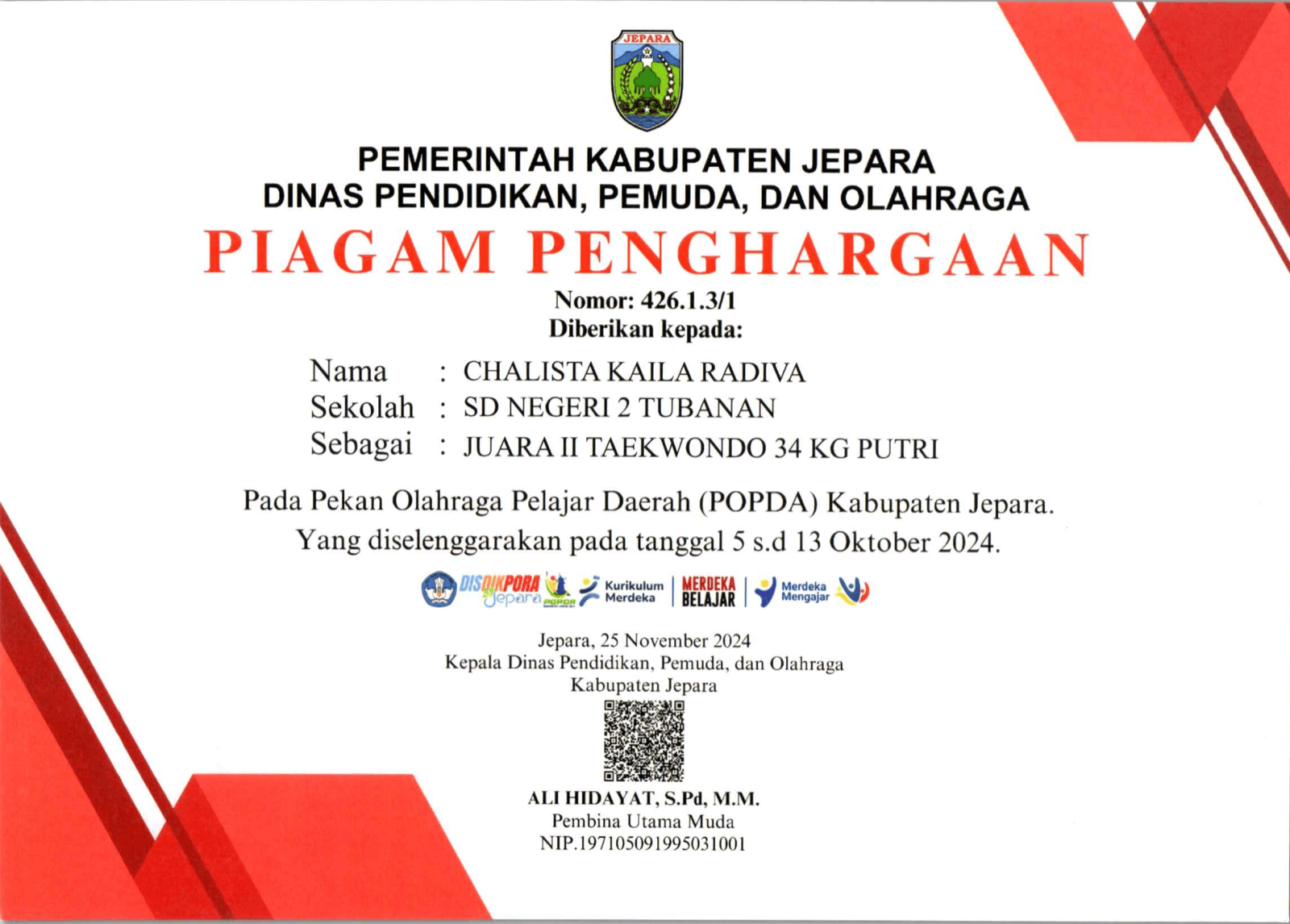 CHALISTA KAILA RADIVA SDN 2 TUBANAN TAEKWONDO JUARA 2 TAHUN 2024 1