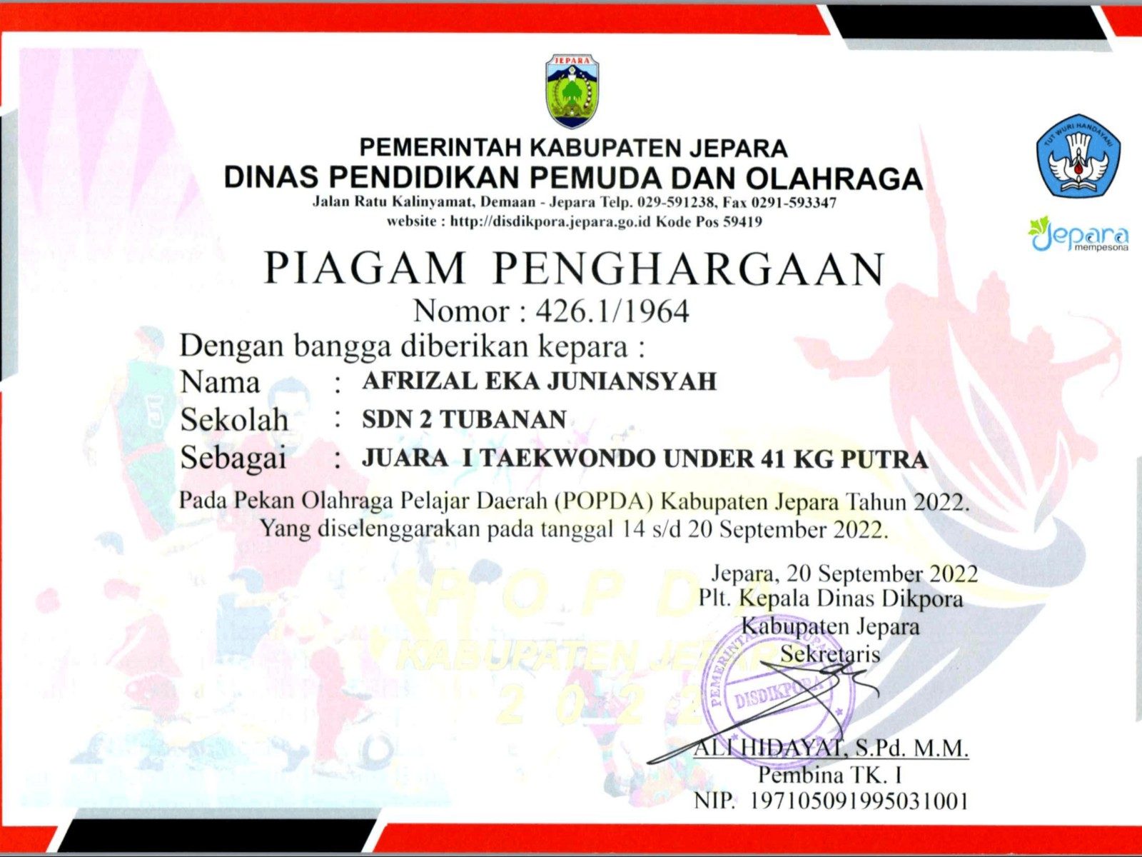 piagam perhargaan "juara 1 taekwondo under 41 kg putra"