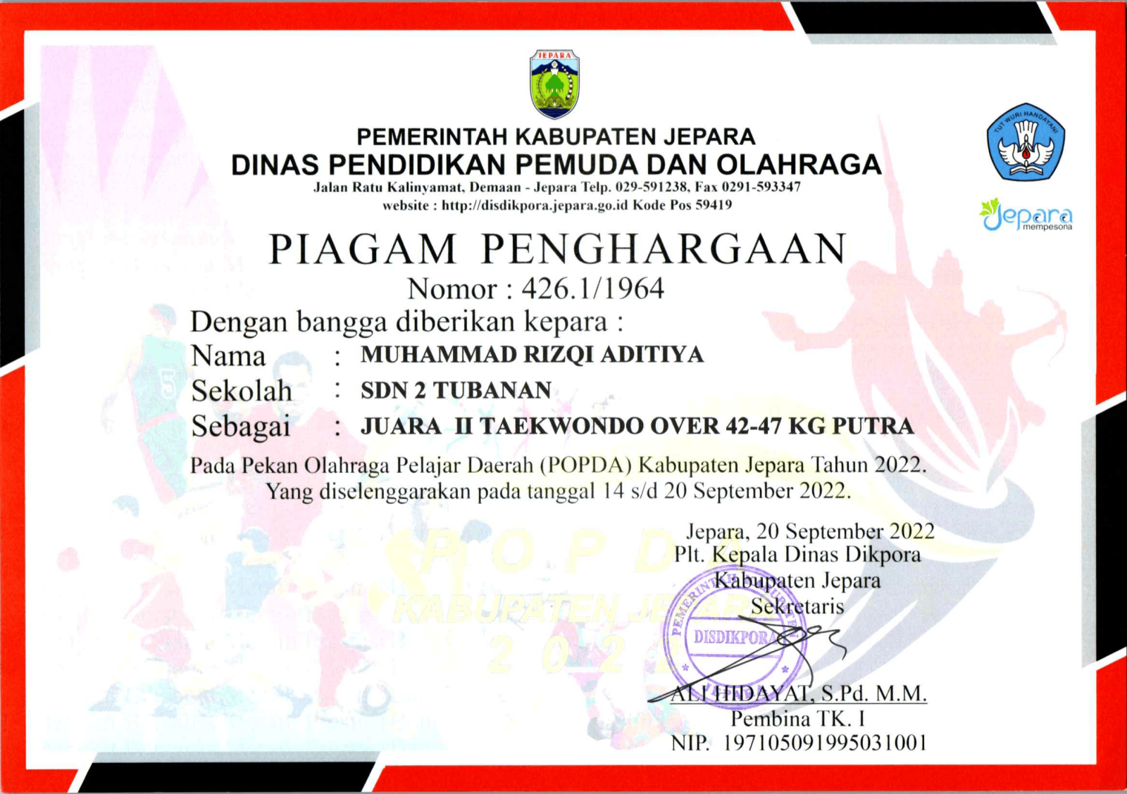 MUHAMMAD RIZQI ADITIYA JUARA 2 PUTRA TAEKWONDO UNDER OVER 42 47 KG PUTRA SCAN FORMAT 200 1