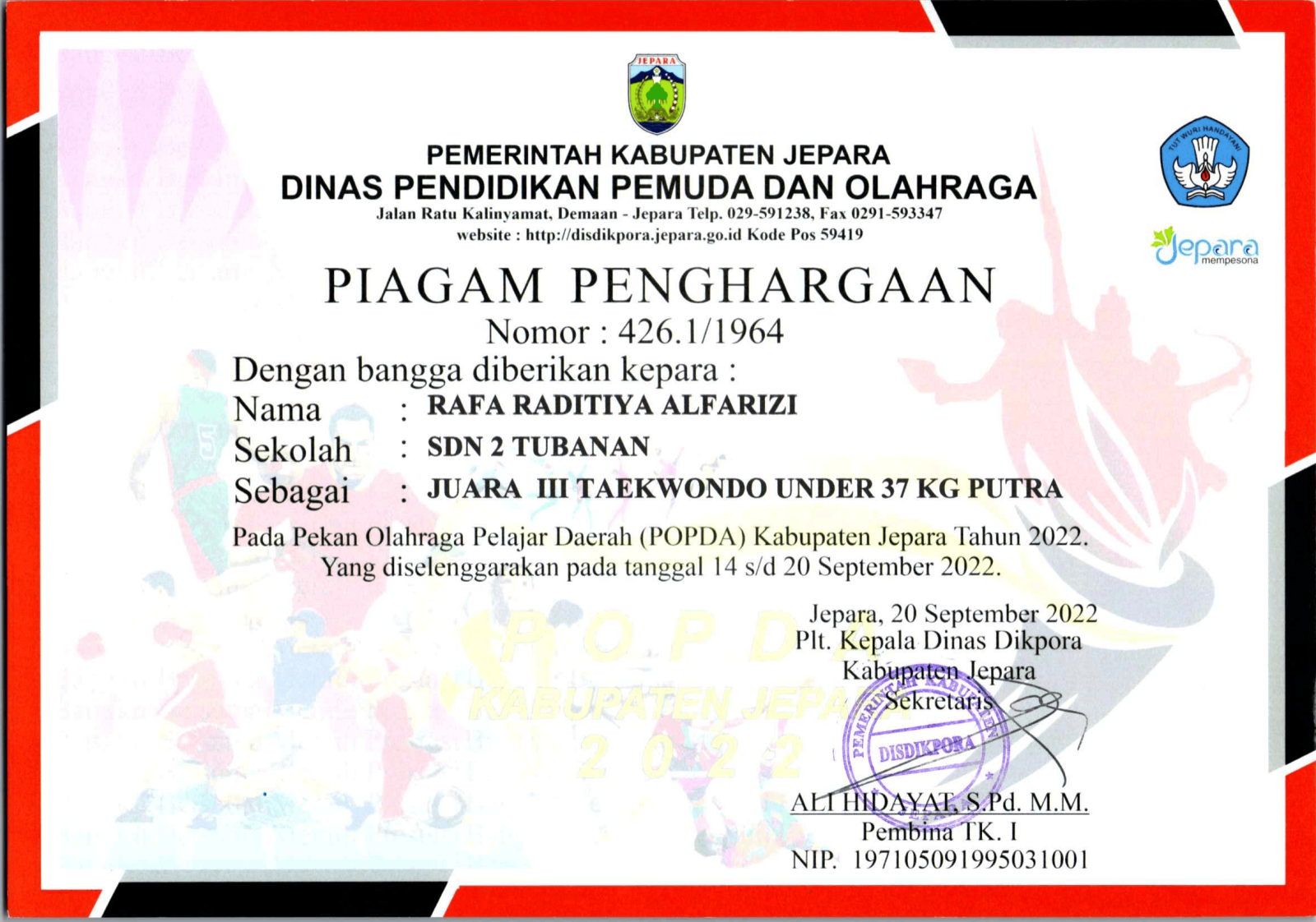 RAFA RADITIYA ALFARIZI JUARA 3 PUTRA TAEKWONDO UNDER 37 KG PUTRA FORMAT SCAN 200 1