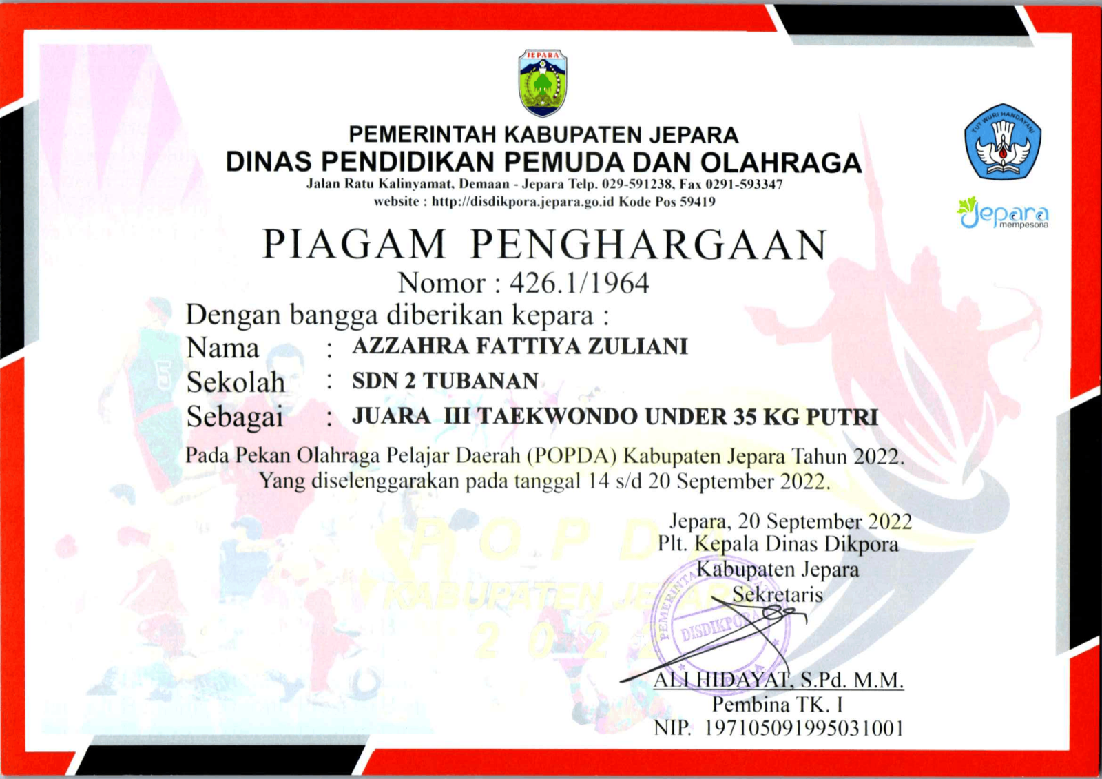 AZZAHRA FATTIYA ZULIANI JUARA 3 PUTRI TAEKWONDO UNDER 35 KG PUTRI FORMAT SCAN 200 1