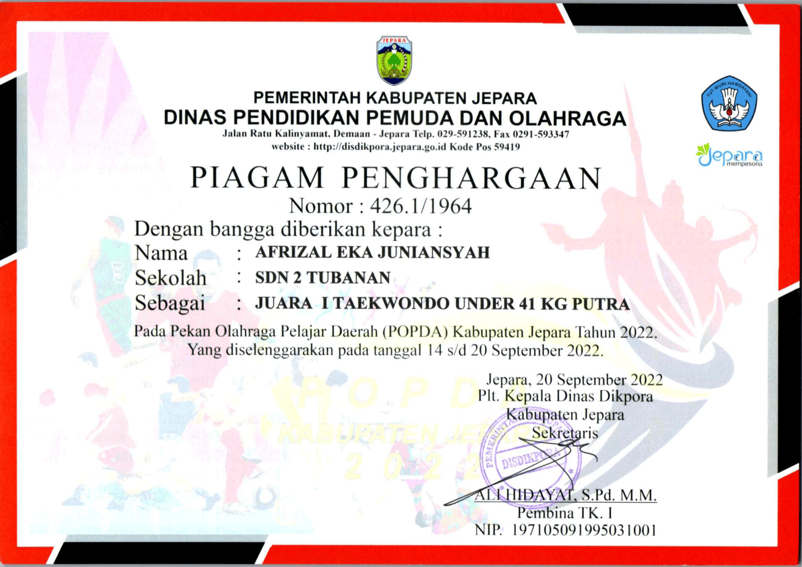 AFRIZAL EKA JUNIANSYAH JUARA 1 PUTRA TAEKWONDO UNDER 41 KG PUTRA SCAN FORMAT 200 1