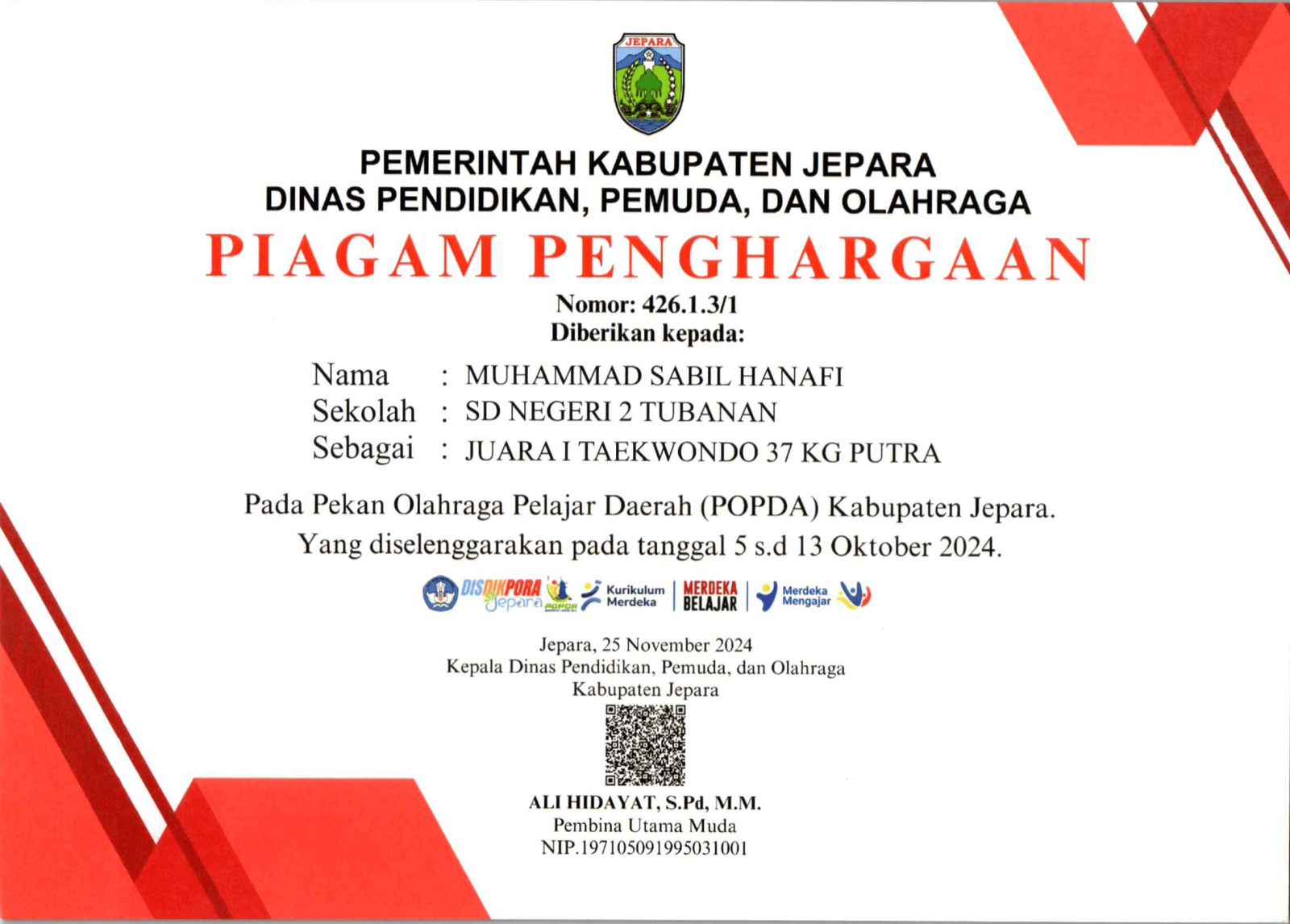 MUHAMMAD SABIL HANAFI SDN 2 TUBANAN TAEKWONDO JUARA 1 TAHUN 2024 1